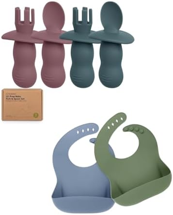 KeaBabies Self-Feeding Set - 4-Piece Spoons Forks with 2 Bibs