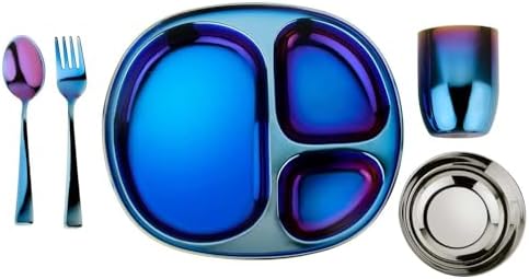 Ahimsa Kids Plate and Bowl Set BPA-free Stainless Steel Iridescent Blue Design