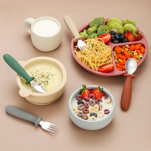 DRKIO 8 Piece Toddler Utensils Set with Silicone Handle