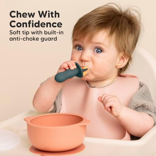 KeaBabies Self-Feeding Set - 4-Piece Spoons Forks with 2 Bibs