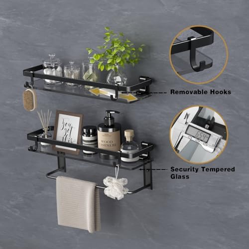 Sturdy Wall-Mounted Black Tempered Glass Bathroom Shelf with 4 Removable Hooks