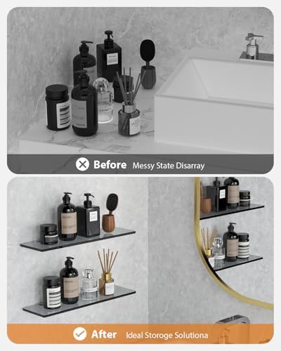 2-Pack Black HD Tempered Glass Floating Shelf No-Drill BathroomSink