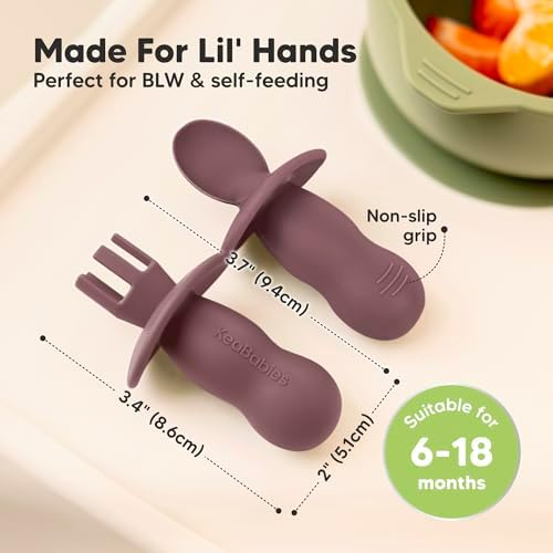 KeaBabies Self-Feeding Set - 4-Piece Spoons Forks with 2 Bibs