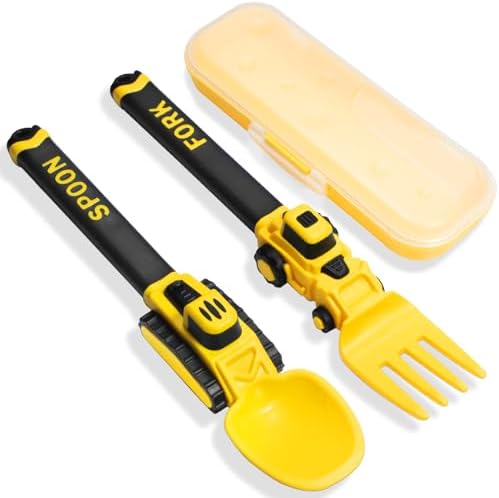 Deinyi Construction Toddler Utensils - Car-themed Reusable Plastic Fork Spoon Set