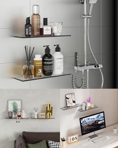 2-Pack Black HD Tempered Glass Floating Shelf No-Drill BathroomSink