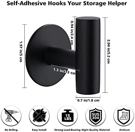 Matte Black Stainless Steel Adhesive Hooks for Bathroom Kitchen