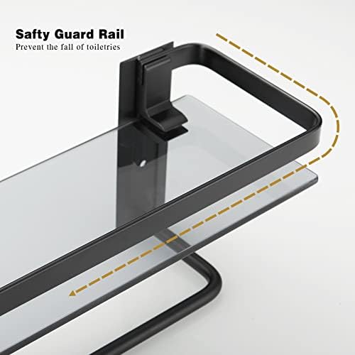 Sturdy Wall-Mounted Black Tempered Glass Bathroom Shelf with 4 Removable Hooks