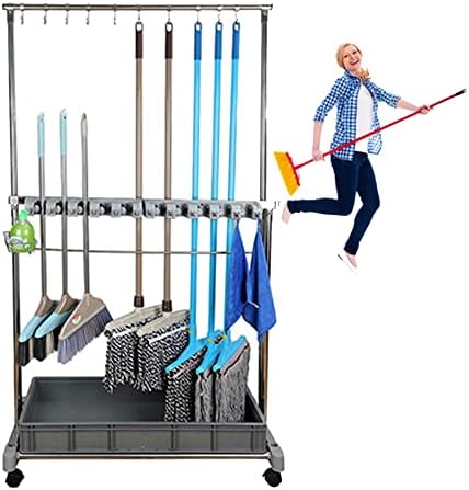 Movable Broom Mop Holder with Drip Tray