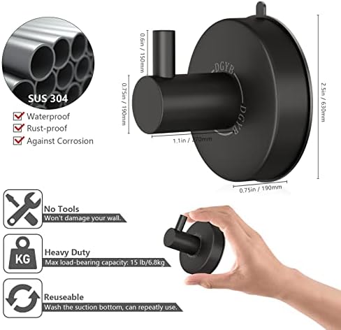 DGYB Suction Cup Towel Hook Set Stainless Steel Matte Black 15LB Load Capacity