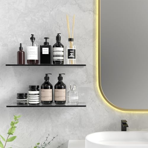 2-Pack Black HD Tempered Glass Floating Shelf No-Drill BathroomSink
