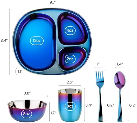 Ahimsa Kids Plate and Bowl Set BPA-free Stainless Steel Iridescent Blue Design