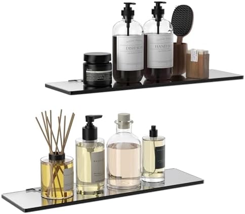 2-Pack Black HD Tempered Glass Floating Shelf No-Drill BathroomSink