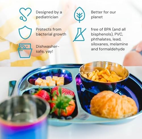 Ahimsa Kids Plate and Bowl Set BPA-free Stainless Steel Iridescent Blue Design