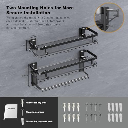 Sturdy Wall-Mounted Black Tempered Glass Bathroom Shelf with 4 Removable Hooks