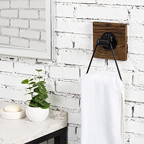 MyGift Industrial Matte Black Metal Towel Ring with Rustic Wall Backing