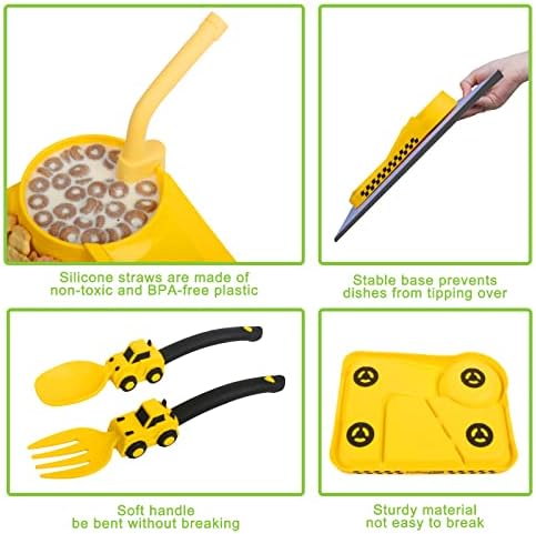 Construction Toddler Plates - Toddler Eating Utensil Set with Removable Straw