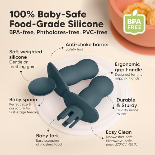 KeaBabies Self-Feeding Set - 4-Piece Spoons Forks with 2 Bibs