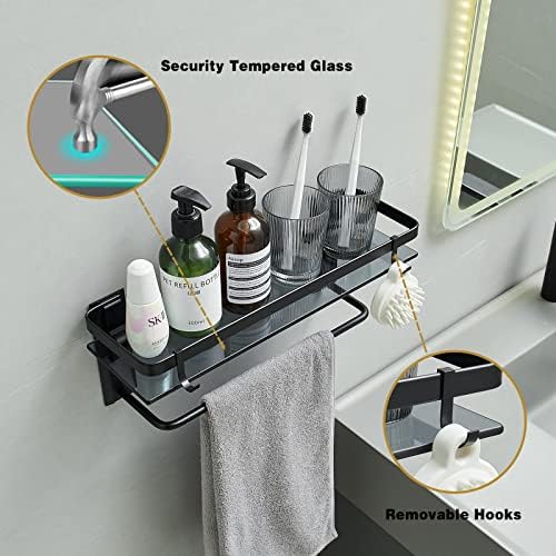 Sturdy Wall-Mounted Black Tempered Glass Bathroom Shelf with 4 Removable Hooks