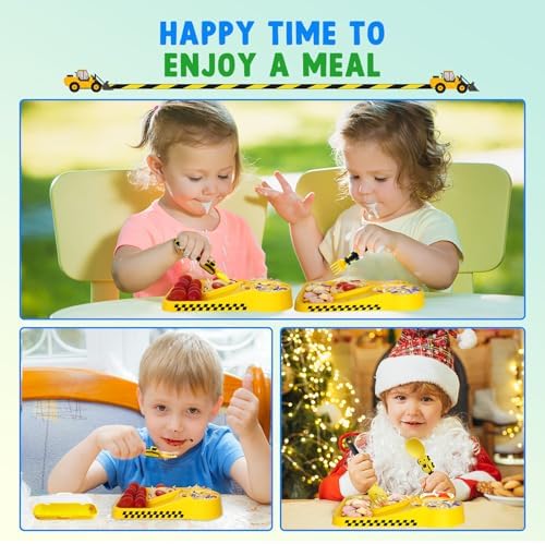 Deinyi Construction Toddler Utensils - Car-themed Reusable Plastic Fork Spoon Set